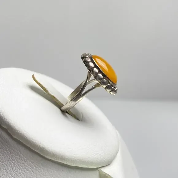 925 Sterling Silver Orange Amber Cabochon Ring Bezel Set Size 7 Boho